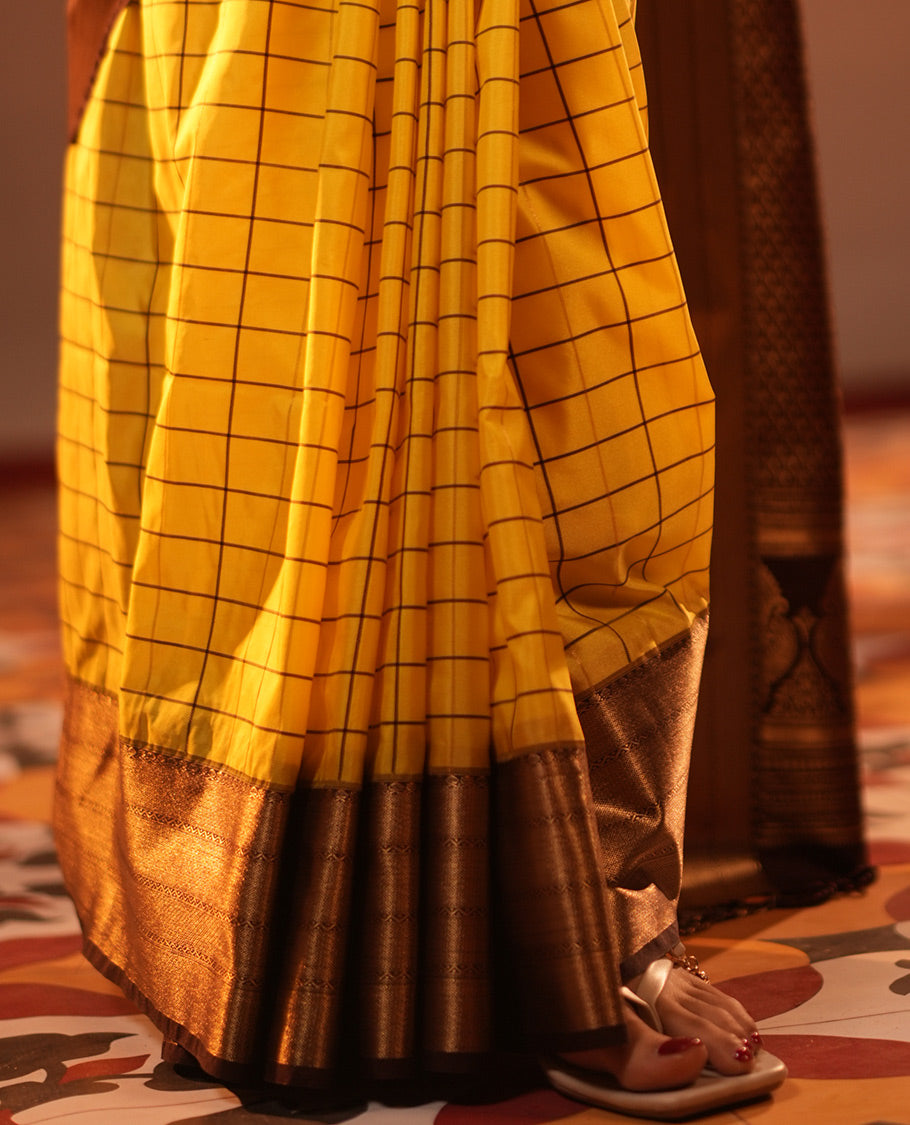 Lemon Yellow Checks Semi-Soft Silk Saree