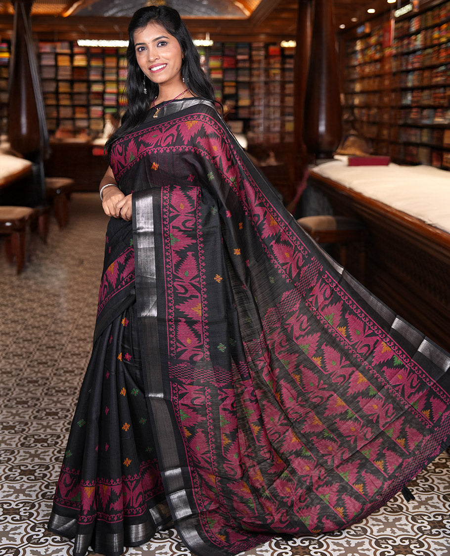 Black Jute Linen Saree, Adorned with Thread Buttas, a Self-Border and Pallu of Jamdani-Style Designs and a Plain Blouse