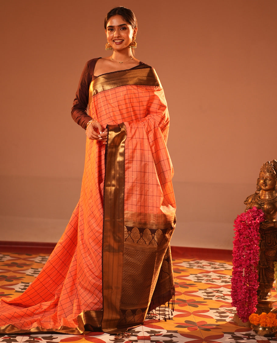 Peach-Coffee Brown Semi-Soft Silk Saree