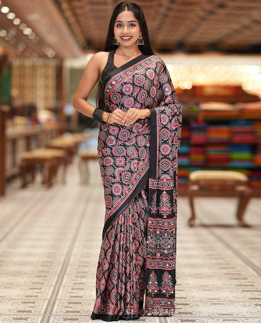 Black Modal Satin Saree, Adorned with Ajrakh Print, a Self-Printed Border, Ajrakh Pallu, a Matching Blouse