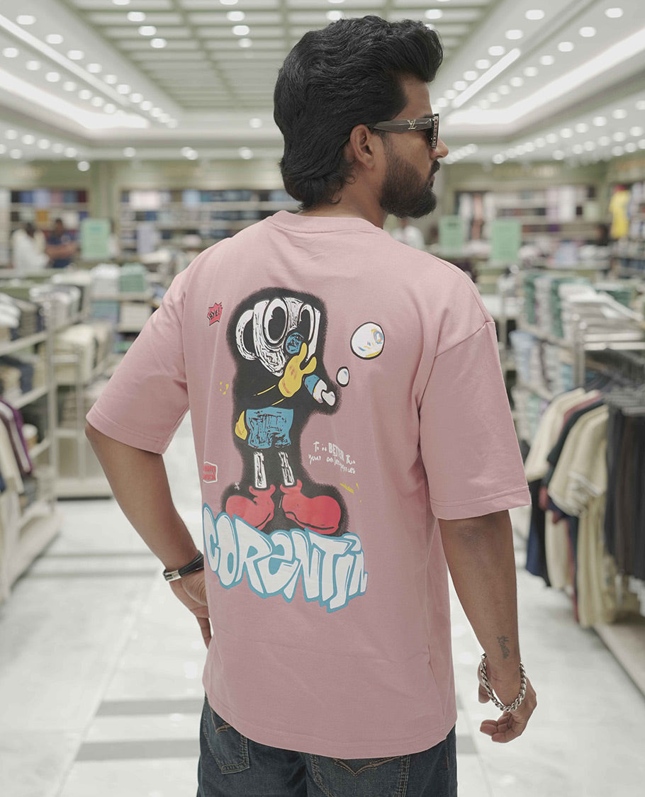 Pink Cotton-Blended Oversized T-Shirt, Elevated with Multi-Color Funky Motifs Front and Back Print, Comes with a Crew-Neck, Half-Sleeves, and Long Length