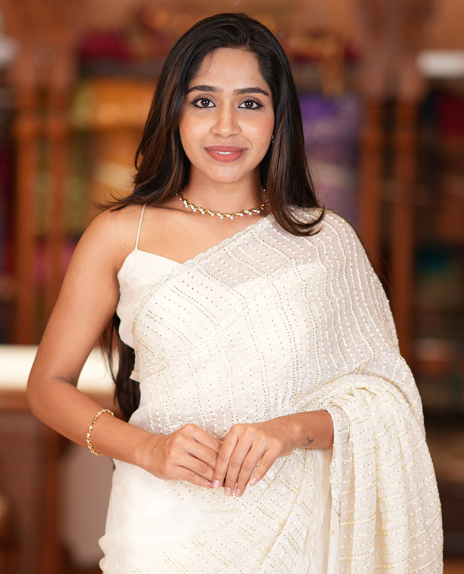 Cream Fendi Chiffon Saree, Bead Embroidery, a Scalloped Border, a Matching Blouse