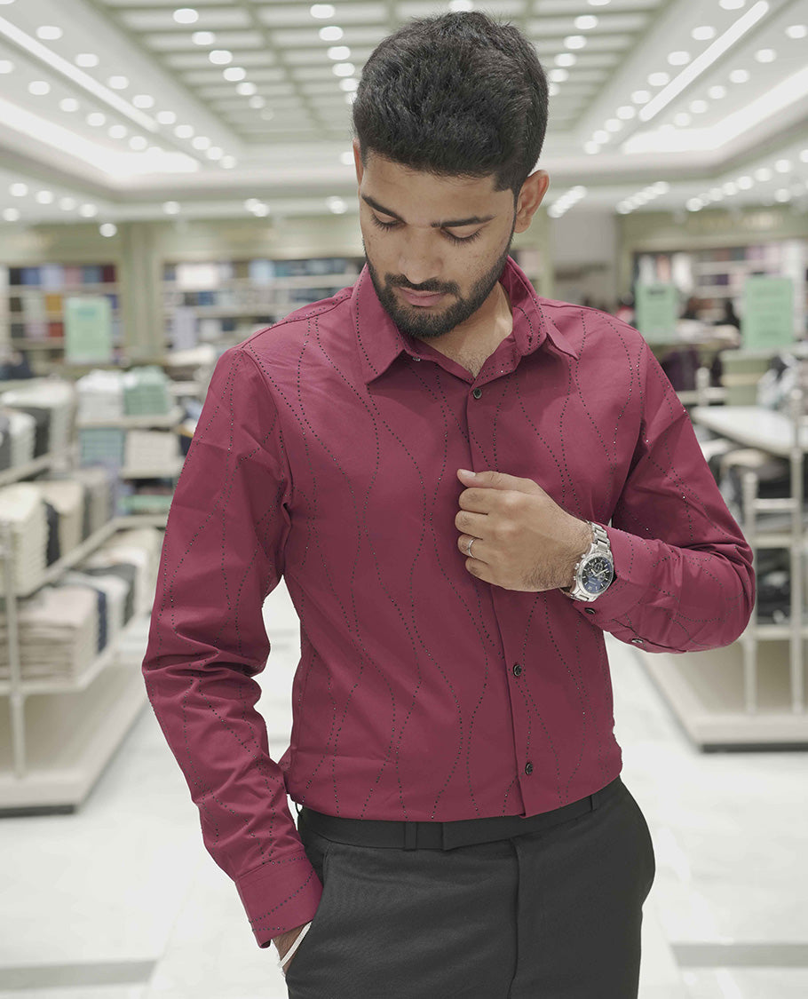 Maroon Poly-Blended Party Wear Shirt, Adorned with Geometric Stonework Patterns, Comes with a Spread Collar, Full Sleeves, Slim Fit, and Regular Length