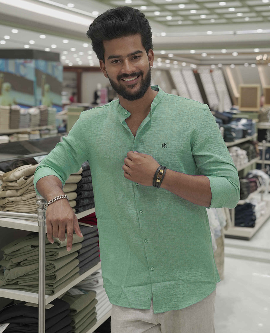 Mint Green Plain Korean Linen-Blended Casual Shirt, Comes with a Mandarin Collar, Full-Sleeves, Slim Fit, and Regular Length