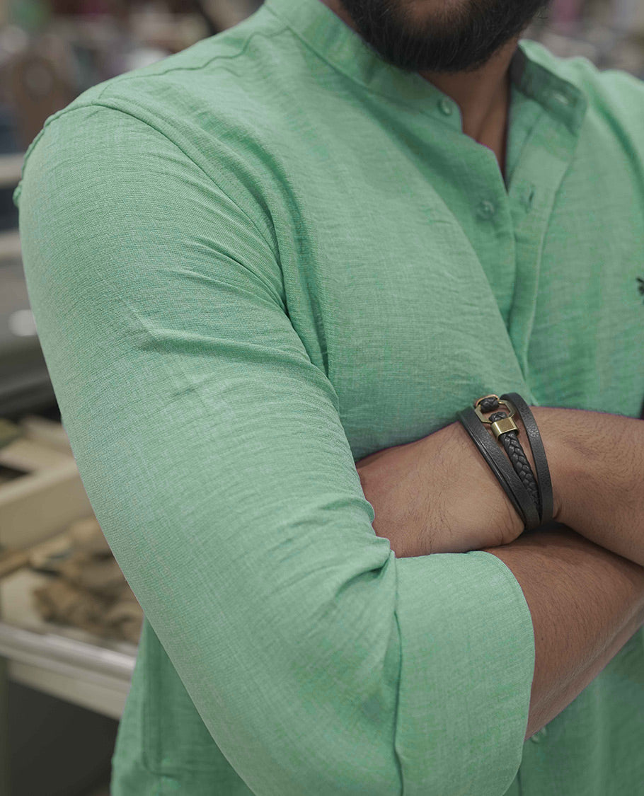 Mint Green Plain Korean Linen-Blended Casual Shirt, Comes with a Mandarin Collar, Full-Sleeves, Slim Fit, and Regular Length