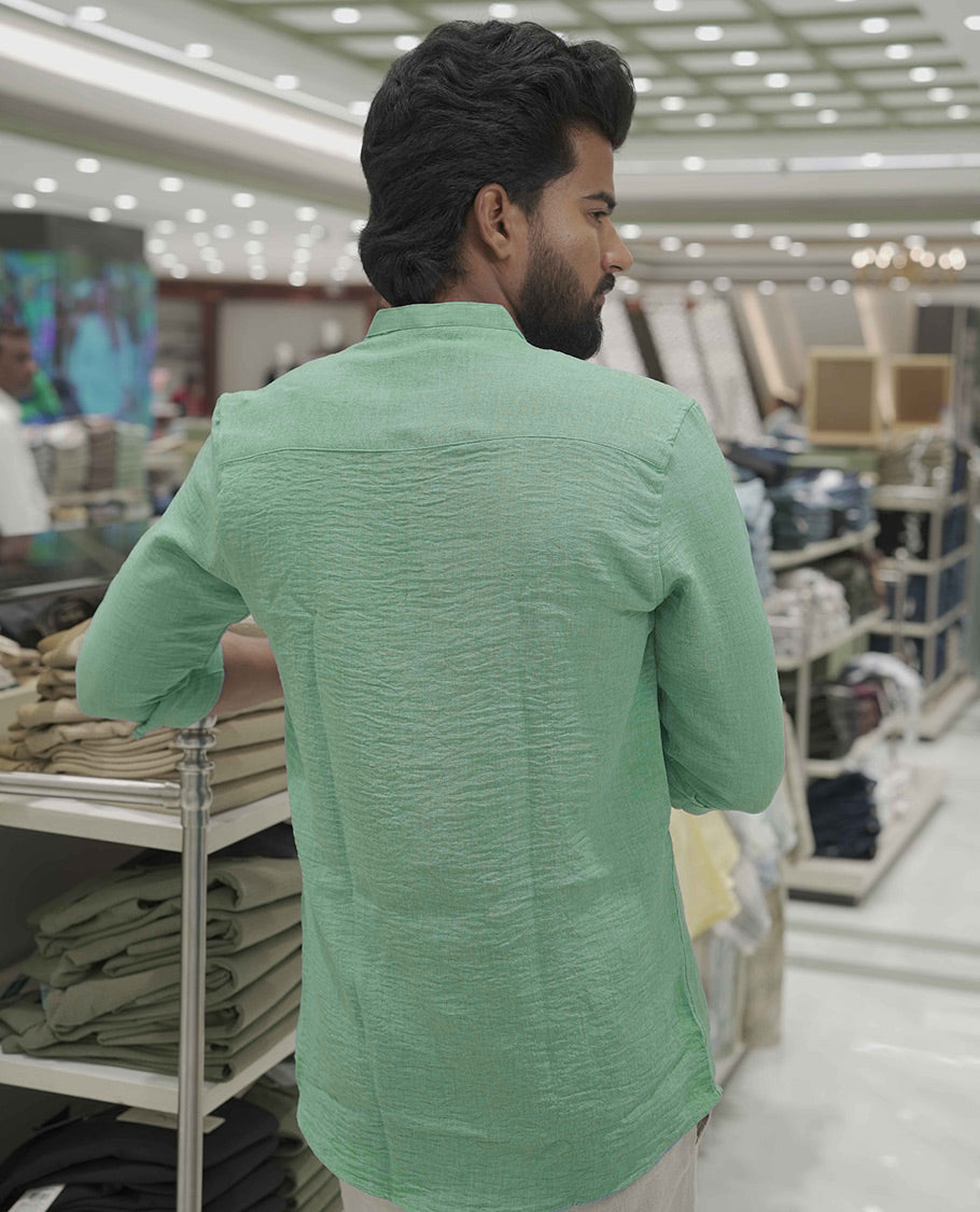 Mint Green Plain Korean Linen-Blended Casual Shirt, Comes with a Mandarin Collar, Full-Sleeves, Slim Fit, and Regular Length
