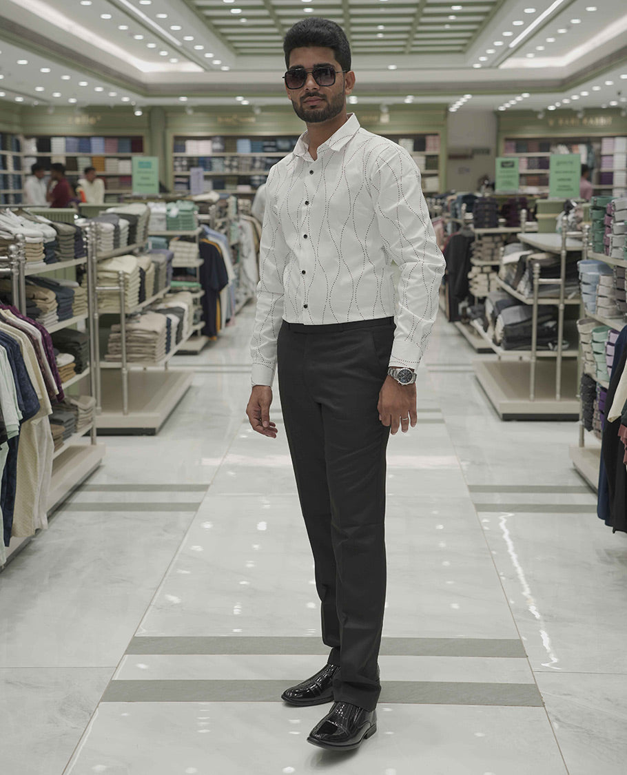 White Poly-Blended Party Wear Shirt, Adorned with Geometric Stonework Patterns, Comes with a Spread Collar, Full Sleeves, Slim Fit, and Regular Length