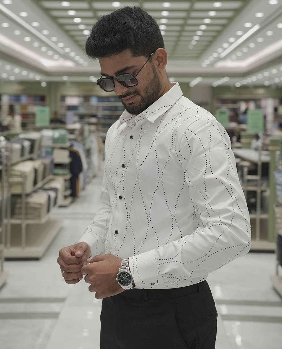 White Poly-Blended Party Wear Shirt, Adorned with Geometric Stonework Patterns, Comes with a Spread Collar, Full Sleeves, Slim Fit, and Regular Length