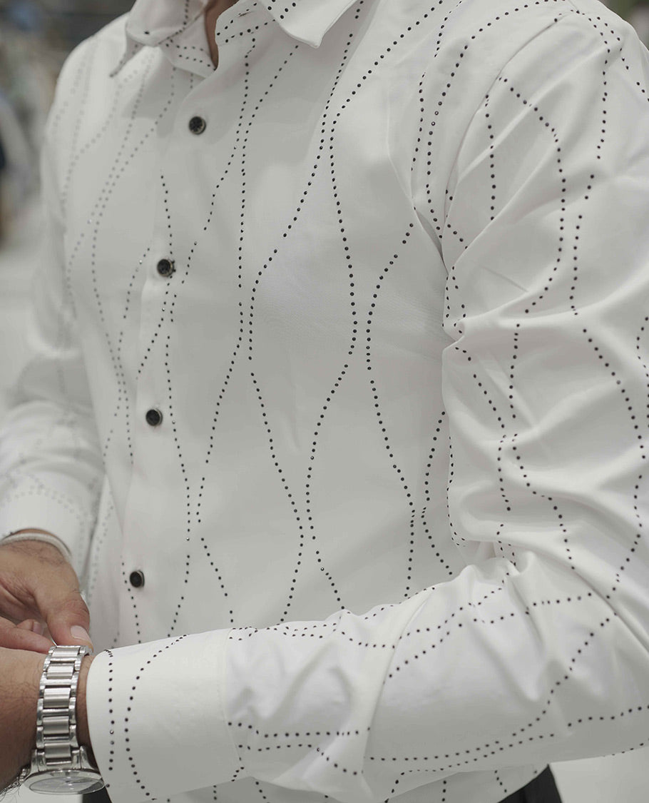 White Poly-Blended Party Wear Shirt, Adorned with Geometric Stonework Patterns, Comes with a Spread Collar, Full Sleeves, Slim Fit, and Regular Length
