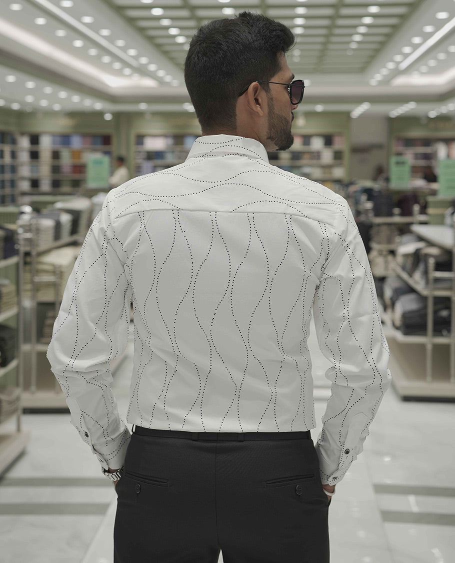 White Poly-Blended Party Wear Shirt, Adorned with Geometric Stonework Patterns, Comes with a Spread Collar, Full Sleeves, Slim Fit, and Regular Length