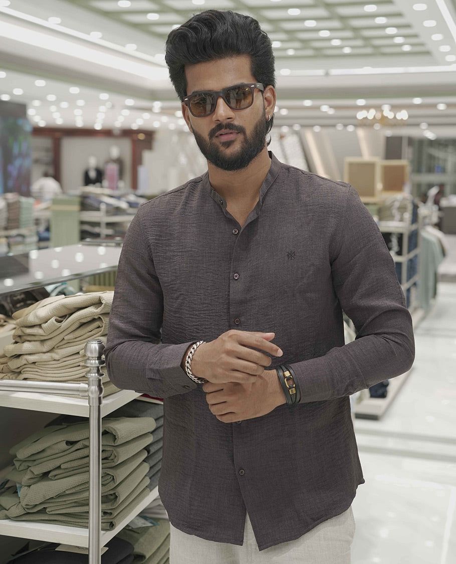 Brown Plain Korean Linen-Blended Casual Shirt, Comes with a Mandarin Collar, Full-Sleeves, Slim Fit, and Regular Length
