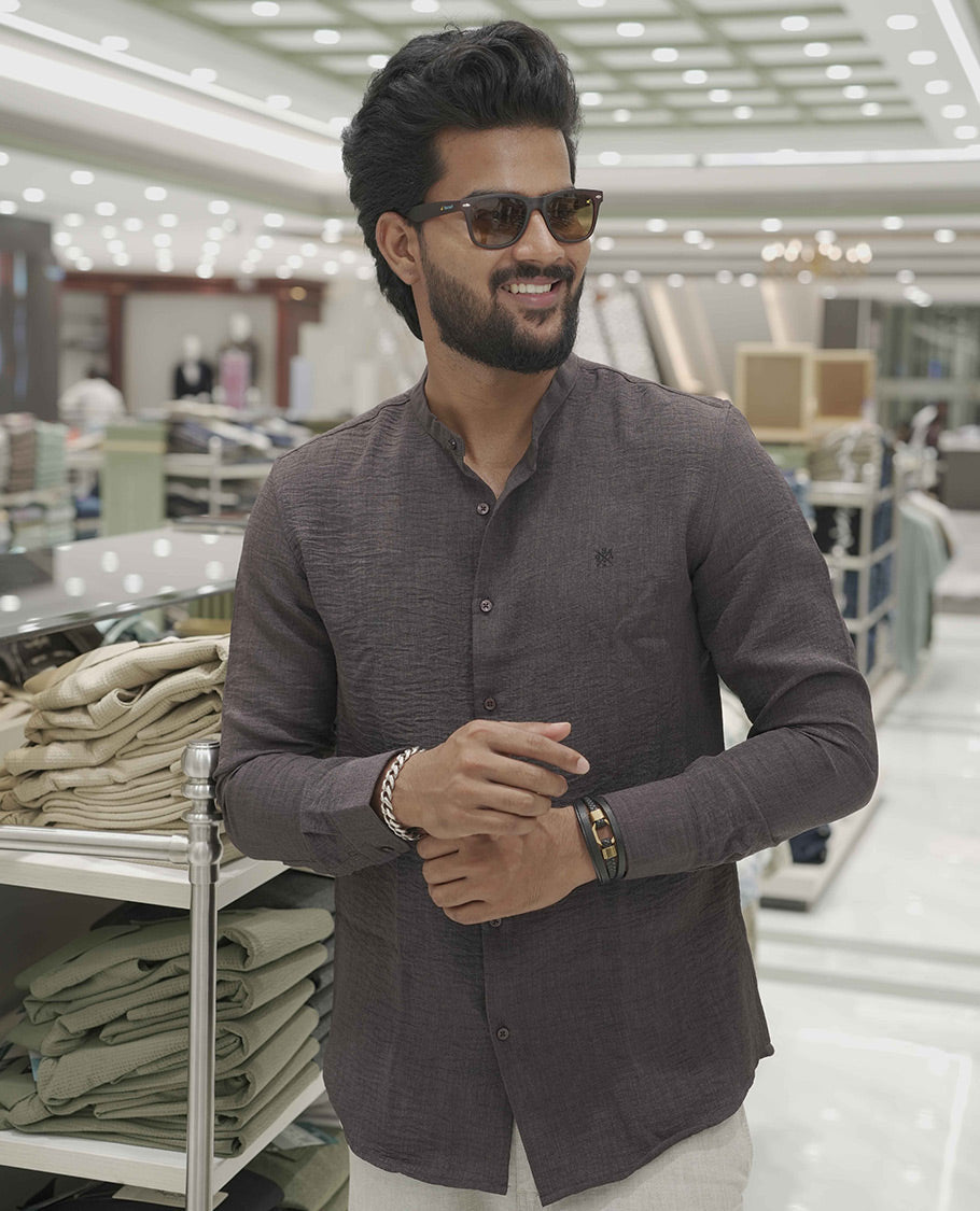 Brown Plain Korean Linen-Blended Casual Shirt, Comes with a Mandarin Collar, Full-Sleeves, Slim Fit, and Regular Length
