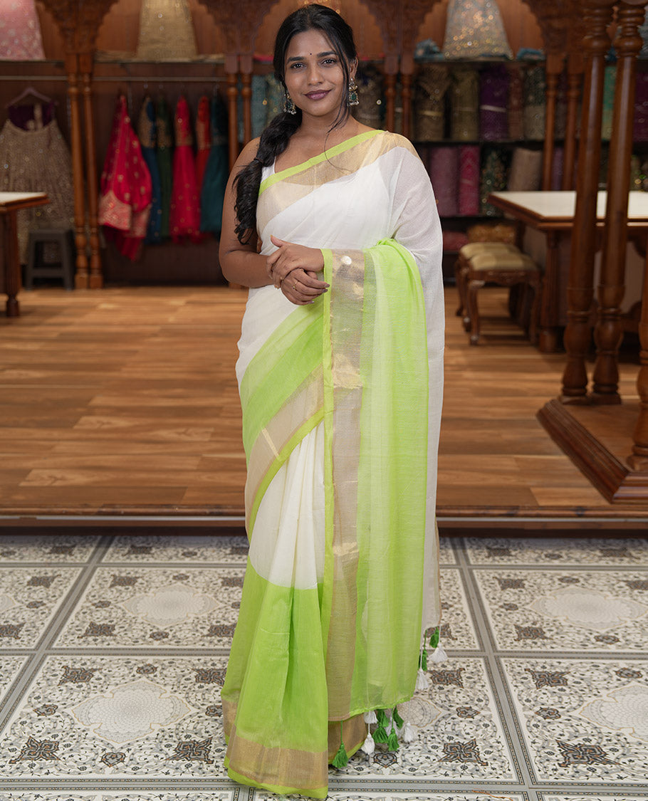 Off-White-Parrot Green Plain Half-And-Half-Style Khadi Mul Cotton Saree with a Zari Border, and No Blouse
