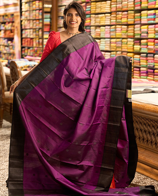 Violet buttas kancheepuram silk saree, contarst border of thilakam mokku, muthu, banaras design & zari design pallu