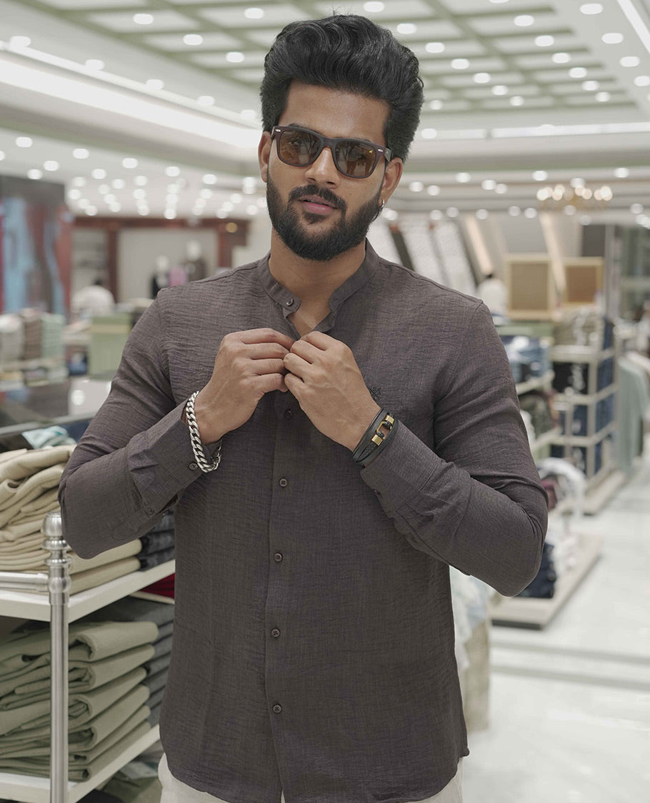 Brown Plain Korean Linen-Blended Casual Shirt, Comes with a Mandarin Collar, Full-Sleeves, Slim Fit, and Regular Length