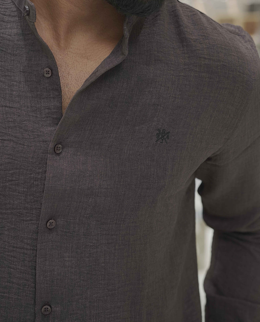 Brown Plain Korean Linen-Blended Casual Shirt, Comes with a Mandarin Collar, Full-Sleeves, Slim Fit, and Regular Length