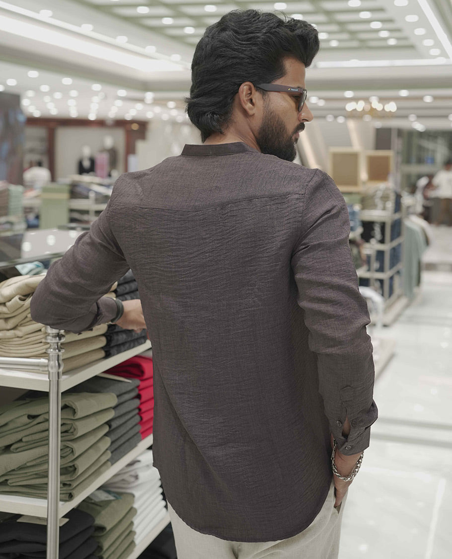 Brown Plain Korean Linen-Blended Casual Shirt, Comes with a Mandarin Collar, Full-Sleeves, Slim Fit, and Regular Length