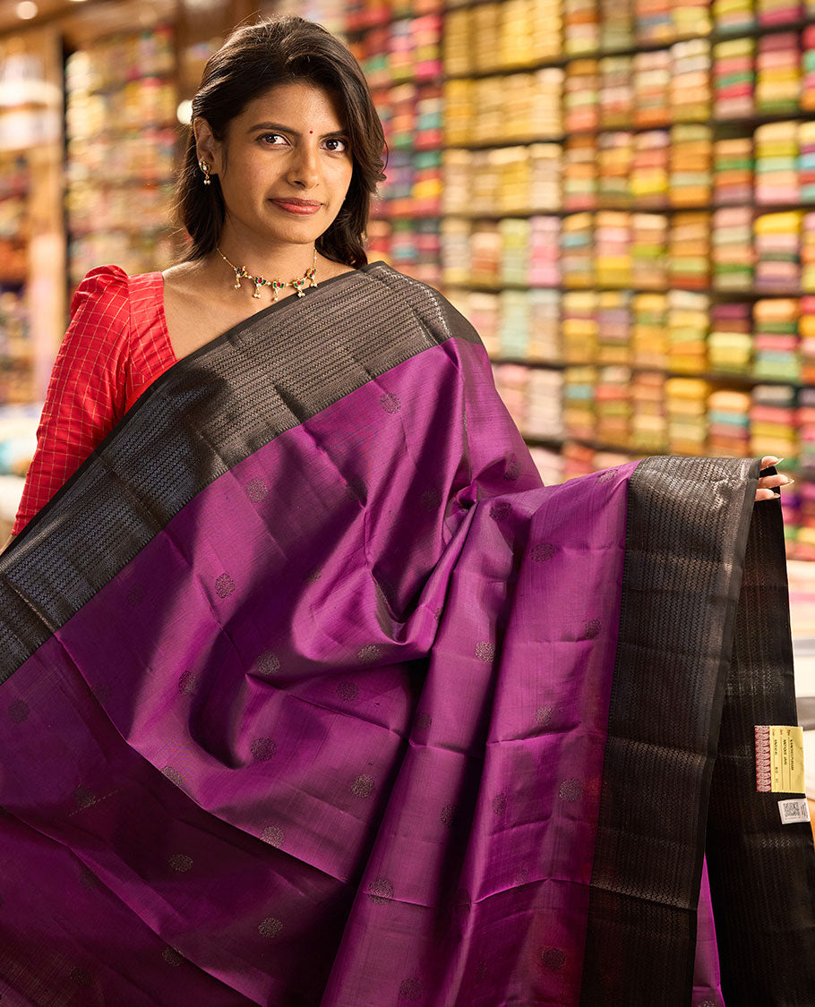 Violet buttas kancheepuram silk saree with self border of thilakam mokku, muthu, banaras design & zari design pallu