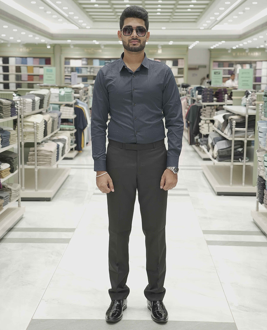 Grey Poly-Blended Party Wear Shirt, Adorned with Geometric Stonework Patterns, Comes with a Spread Collar, Full Sleeves, Slim Fit, and Regular Length