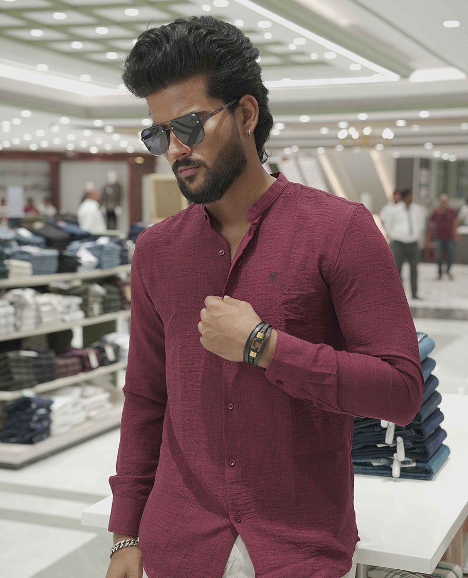 Maroon Plain Korean Linen-Blended Casual Shirt, Comes with a Mandarin Collar, Full-Sleeves, Slim Fit, and Regular Length