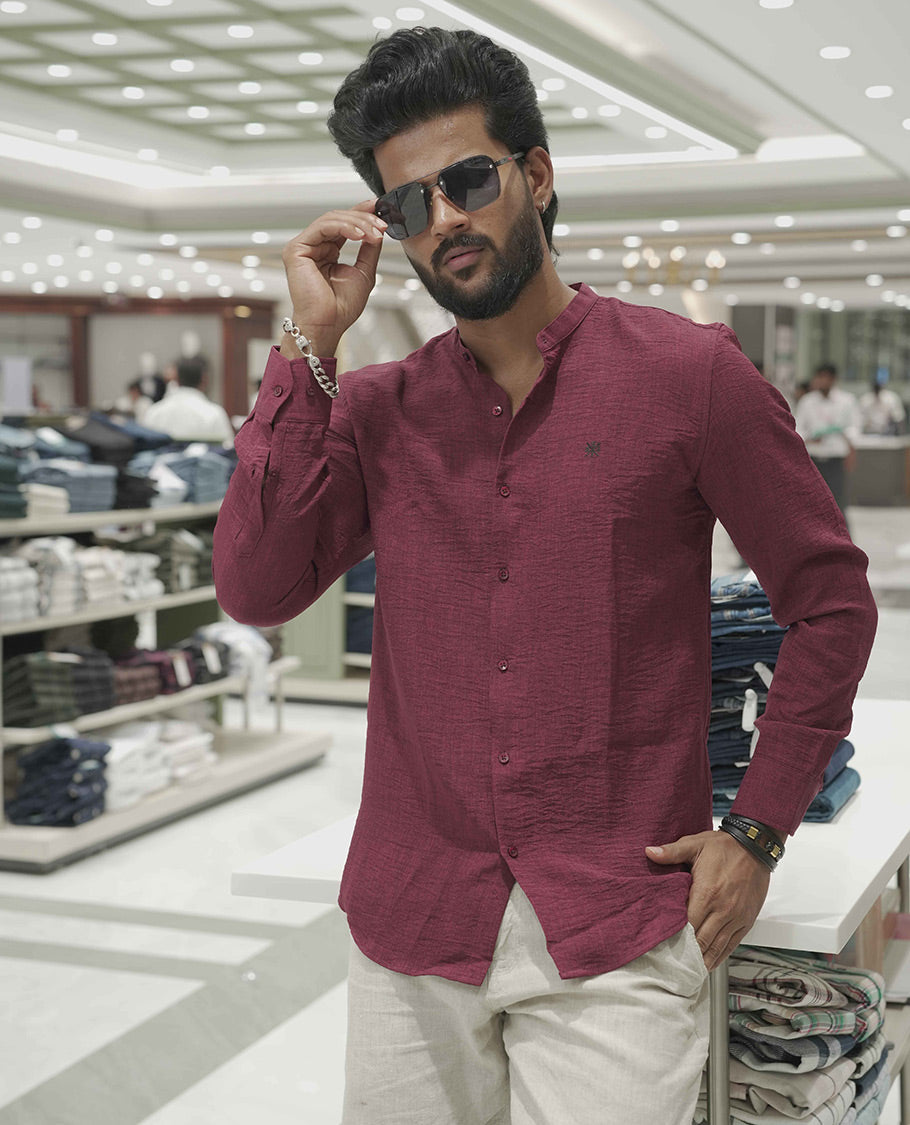 Maroon Plain Korean Linen-Blended Casual Shirt, Comes with a Mandarin Collar, Full-Sleeves, Slim Fit, and Regular Length