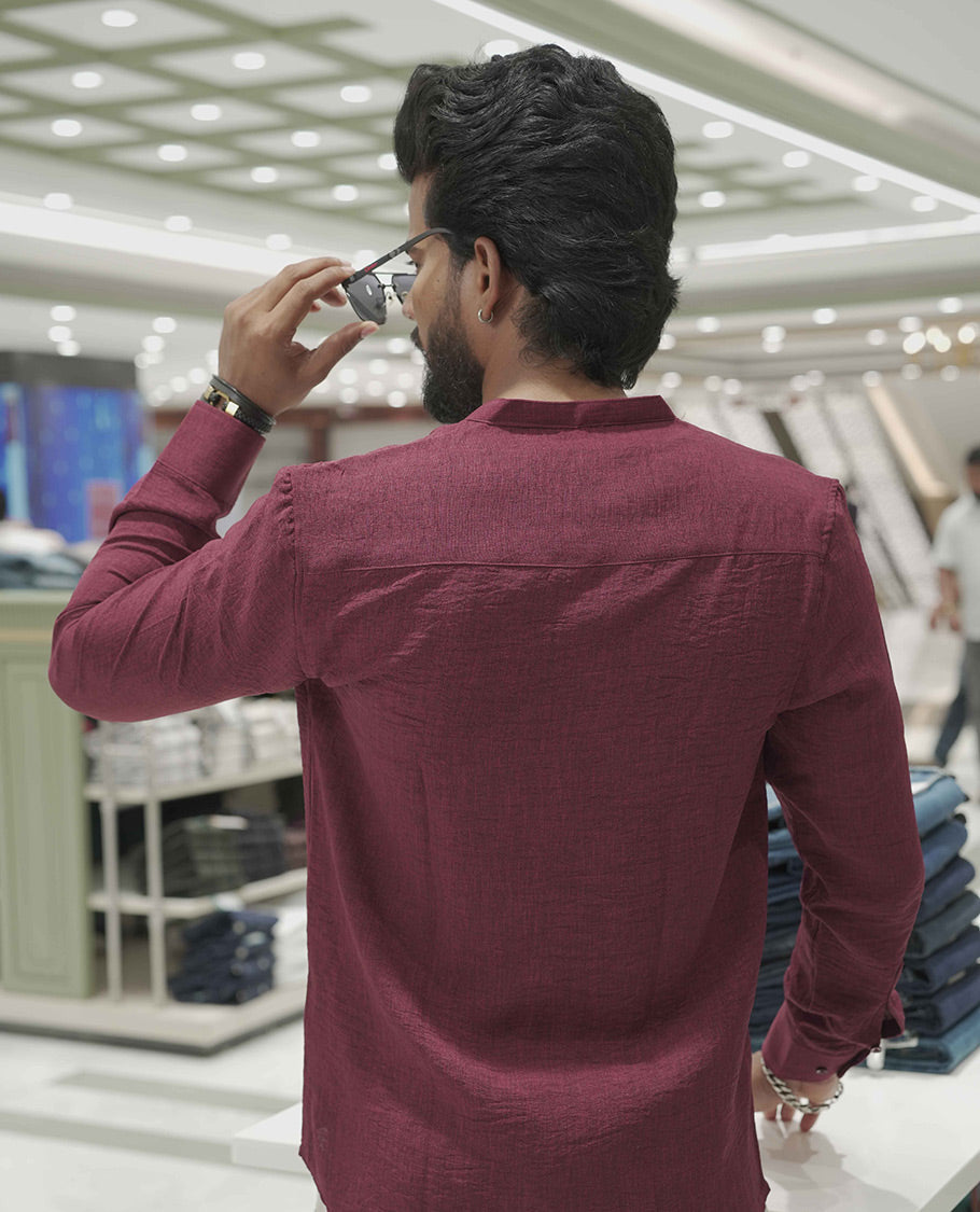 Maroon Plain Korean Linen-Blended Casual Shirt, Comes with a Mandarin Collar, Full-Sleeves, Slim Fit, and Regular Length