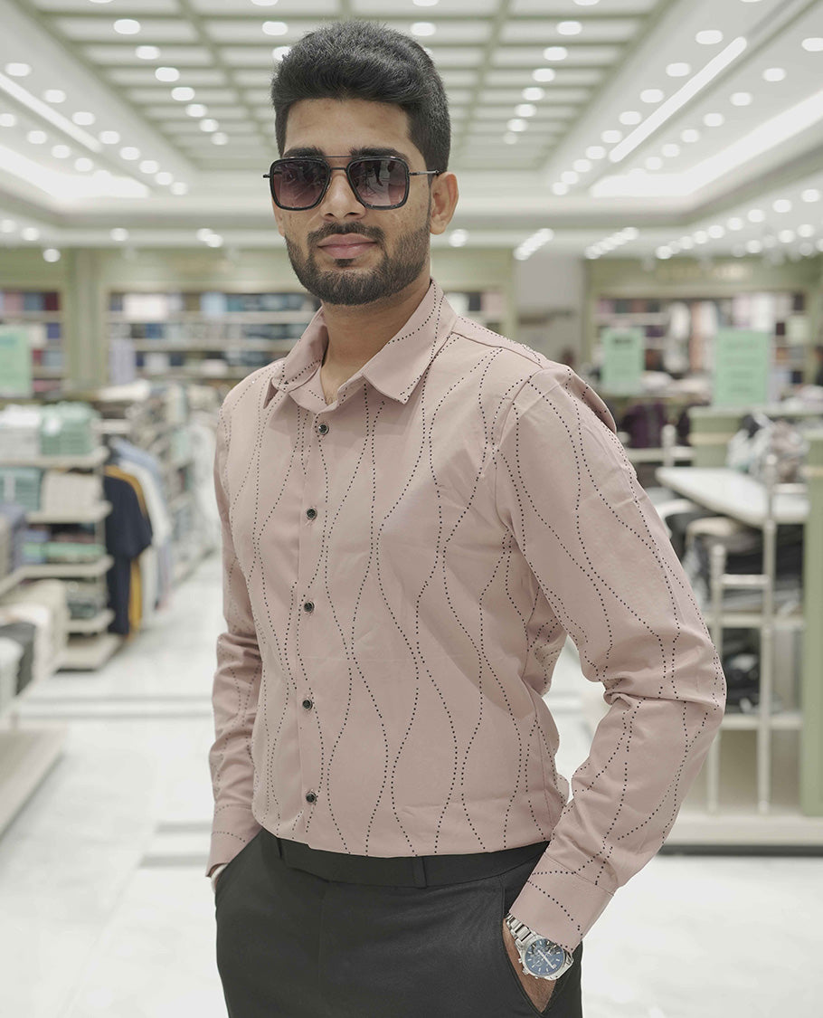 Peach Poly-Blended Party Wear Shirt, Adorned with Geometric Stonework Patterns, Comes with a Spread Collar, Full Sleeves, Slim Fit, and Regular Length