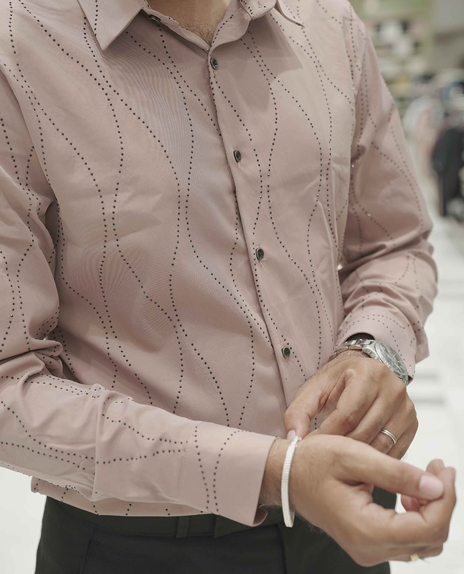 Peach Poly-Blended Party Wear Shirt, Adorned with Geometric Stonework Patterns, Comes with a Spread Collar, Full Sleeves, Slim Fit, and Regular Length