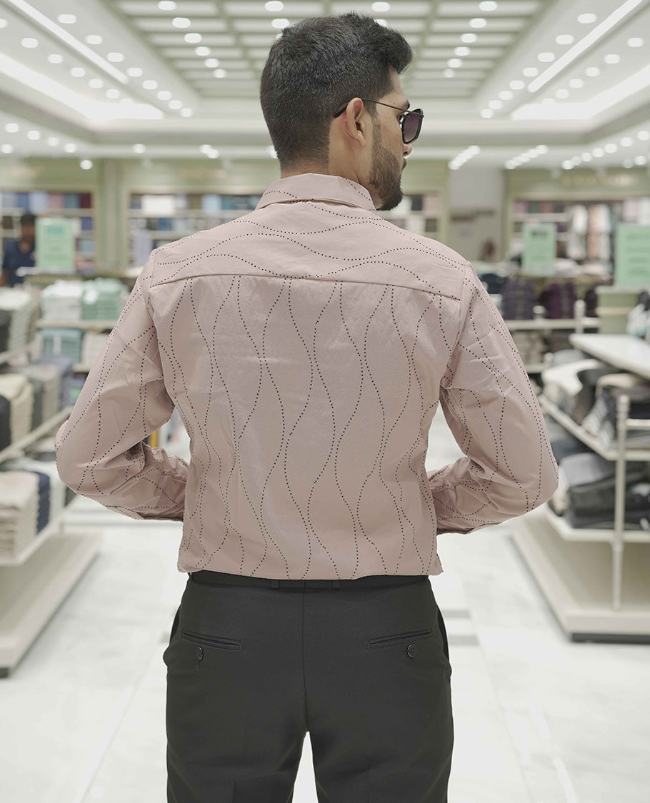 Peach Poly-Blended Party Wear Shirt, Adorned with Geometric Stonework Patterns, Comes with a Spread Collar, Full Sleeves, Slim Fit, and Regular Length