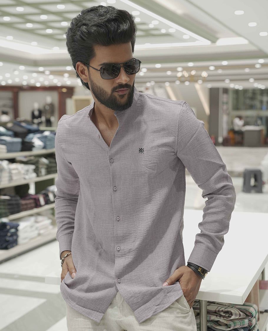 Lavender Plain Korean Linen-Blended Casual Shirt, Comes with a Mandarin Collar, Full-Sleeves, Slim Fit, and Regular Length