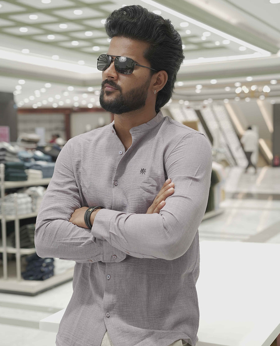 Lavender Plain Korean Linen-Blended Casual Shirt, Comes with a Mandarin Collar, Full-Sleeves, Slim Fit, and Regular Length
