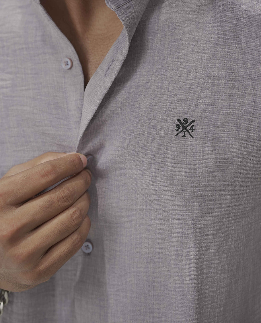 Lavender Plain Korean Linen-Blended Casual Shirt, Comes with a Mandarin Collar, Full-Sleeves, Slim Fit, and Regular Length