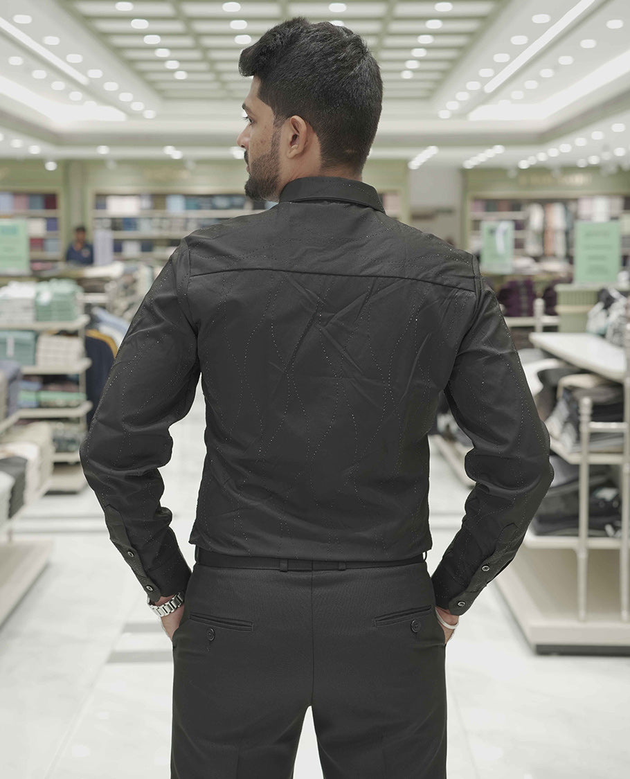 Black Poly-Blended Party Wear Shirt, Adorned with Geometric Stonework Patterns, Comes with a Spread Collar, Full Sleeves, Slim Fit, and Regular Length