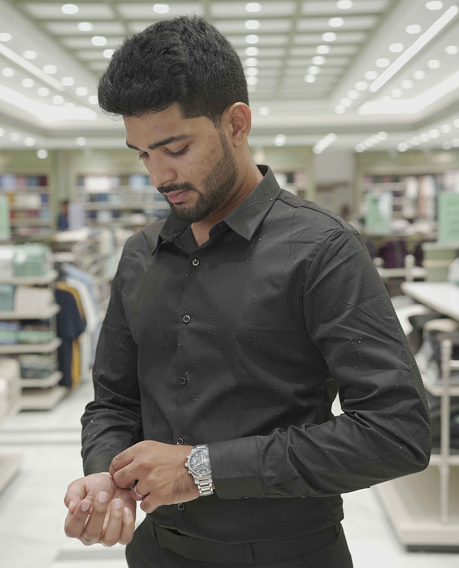 Black Poly-Blended Party Wear Shirt, Adorned with Geometric Stonework Patterns, Comes with a Spread Collar, Full Sleeves, Slim Fit, and Regular Length