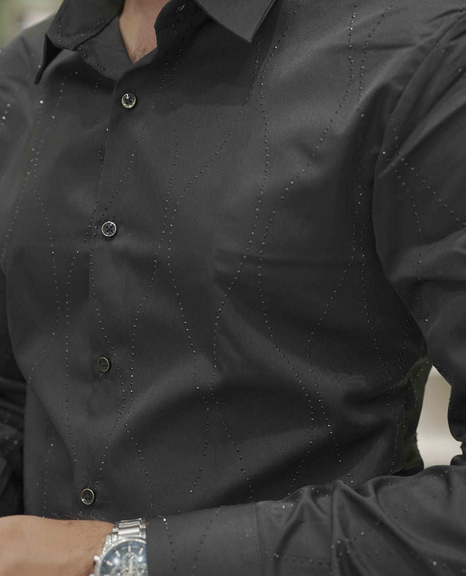 Black Poly-Blended Party Wear Shirt, Adorned with Geometric Stonework Patterns, Comes with a Spread Collar, Full Sleeves, Slim Fit, and Regular Length