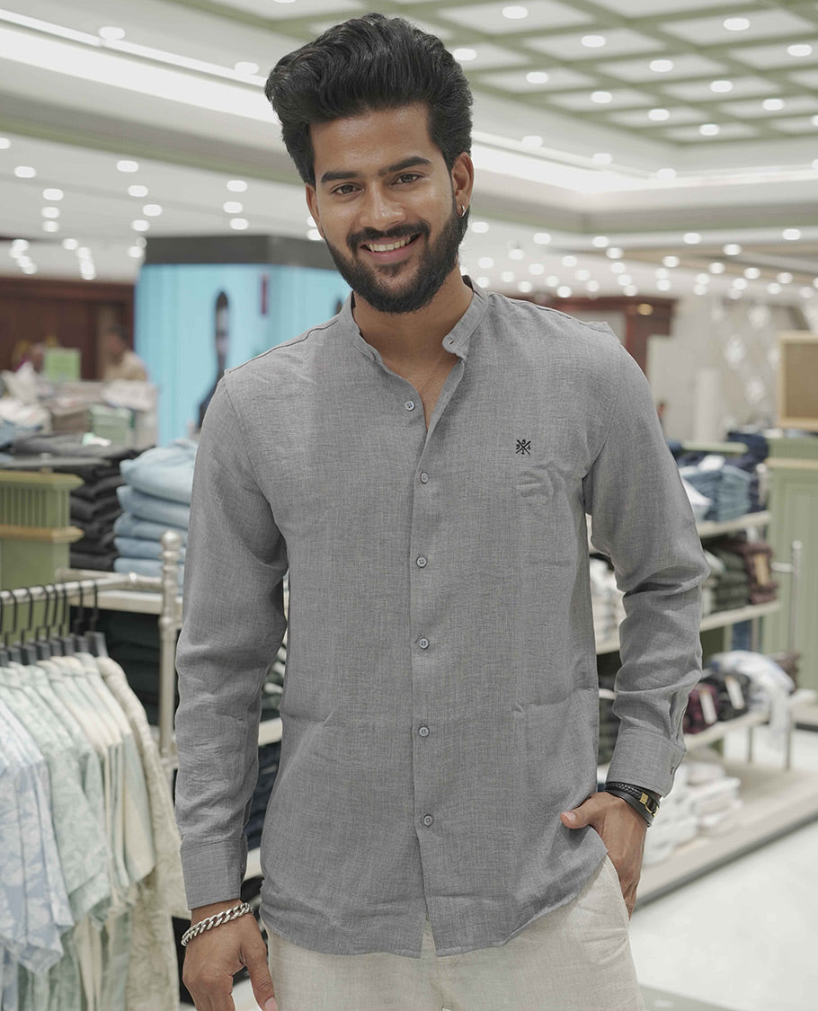 Grey Plain Korean Linen-Blended Casual Shirt, Comes with a Mandarin Collar, Full-Sleeves, Slim Fit, and Regular Length