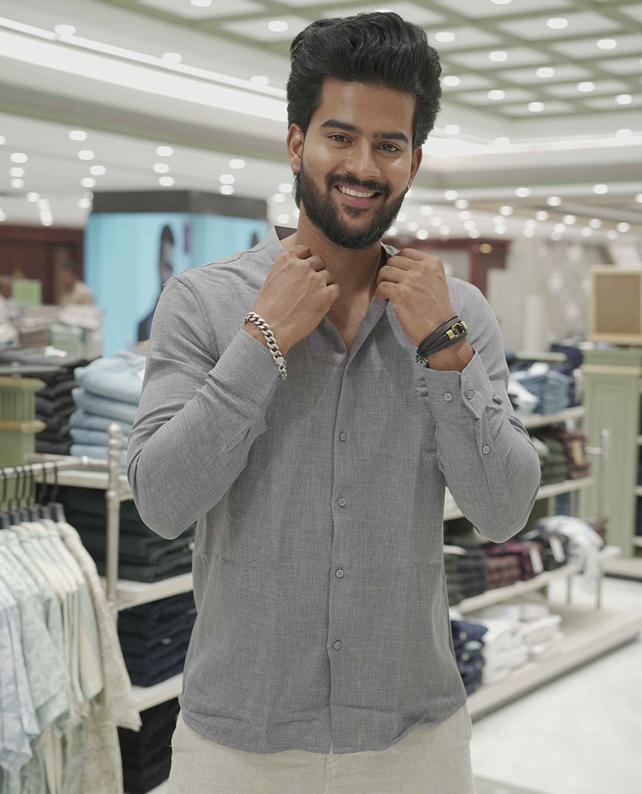 Grey Plain Korean Linen-Blended Casual Shirt, Comes with a Mandarin Collar, Full-Sleeves, Slim Fit, and Regular Length
