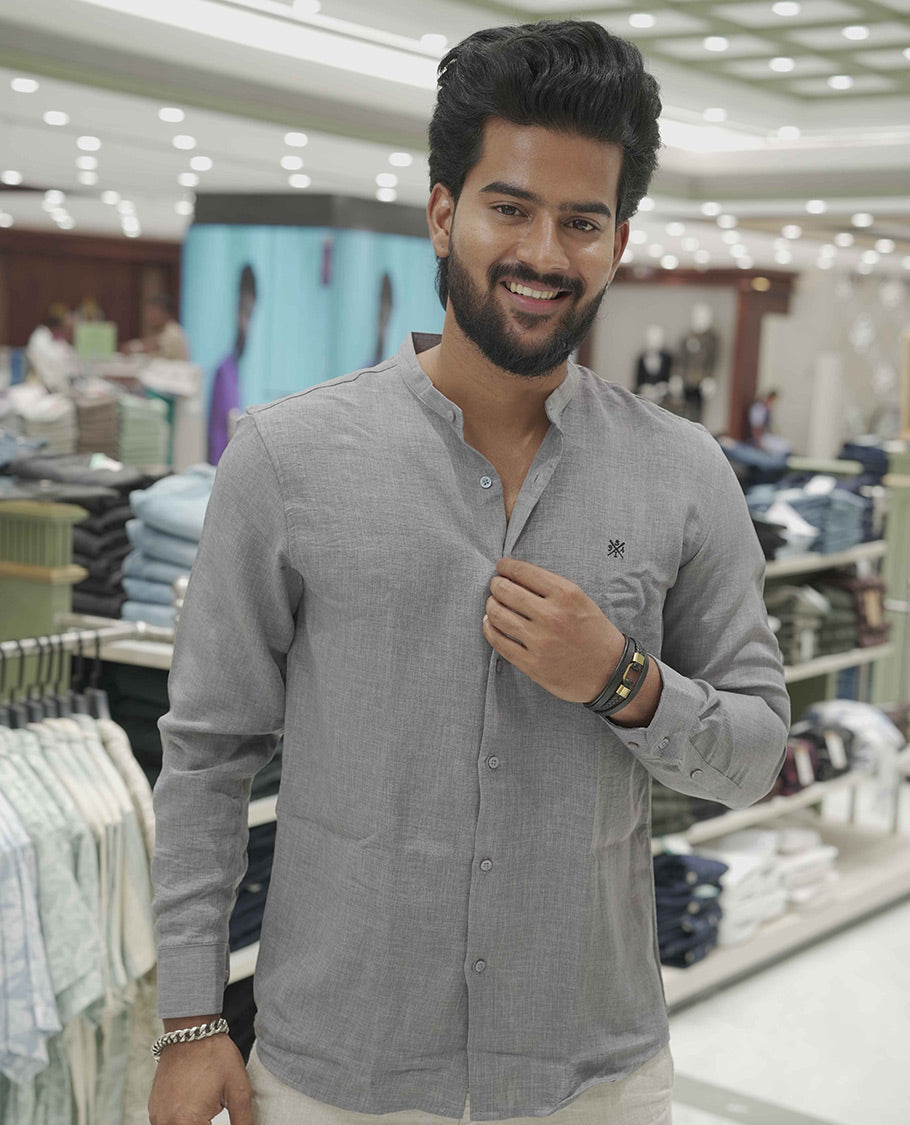 Grey Plain Korean Linen-Blended Casual Shirt, Comes with a Mandarin Collar, Full-Sleeves, Slim Fit, and Regular Length