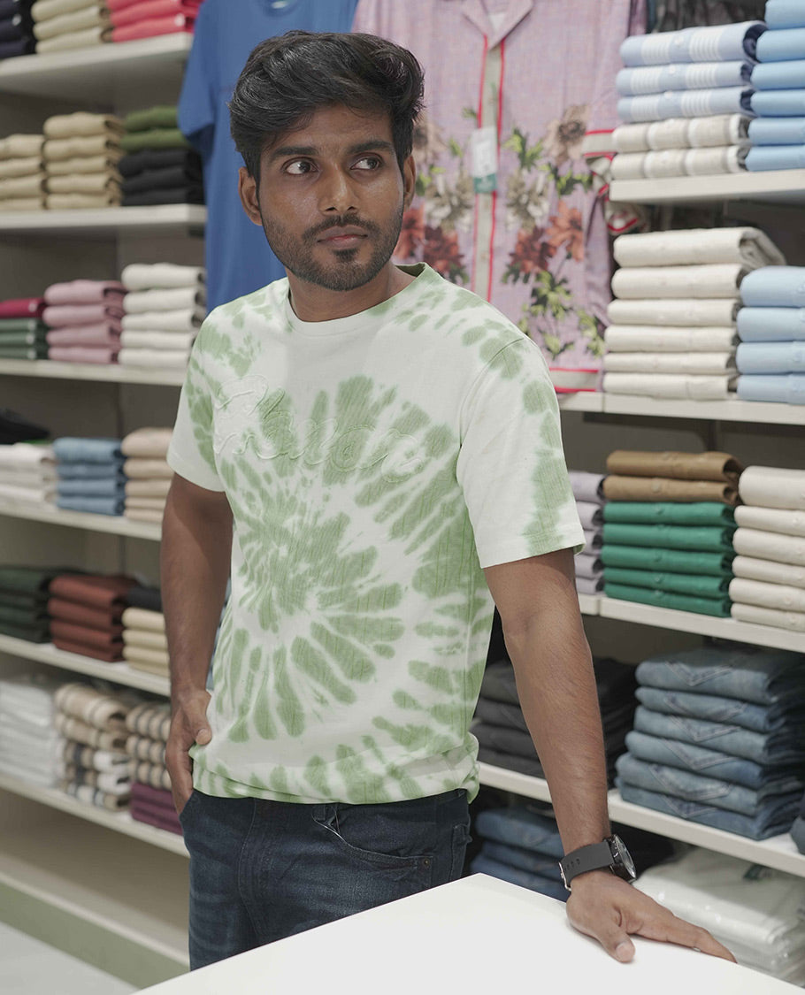 Green Cotton-Blended T-Shirt, Subtly Designed with Tie-Dye Style Shibori Print, Comes with a Crew-Neck, Half-Sleeves, Slim Fit, and Regular Length