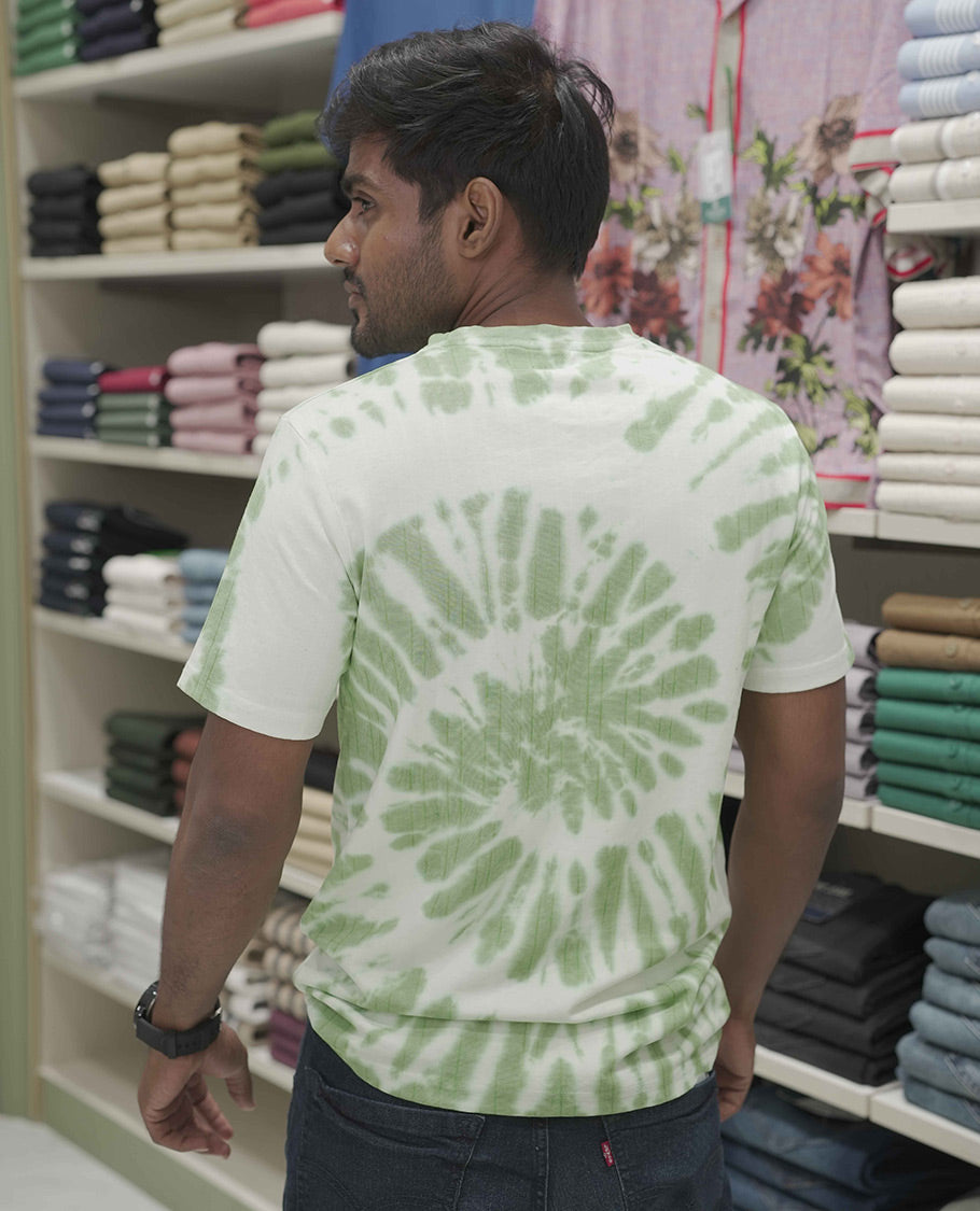 Green Cotton-Blended T-Shirt, Subtly Designed with Tie-Dye Style Shibori Print, Comes with a Crew-Neck, Half-Sleeves, Slim Fit, and Regular Length