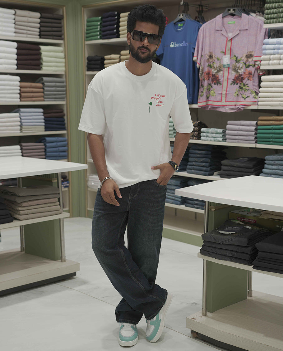 White Cotton-Blended Oversized T-Shirt, Elevated with Multi-Color Funky Motifs Front and Back Print, Comes with a Crew-Neck, Half-Sleeves, and Long Length