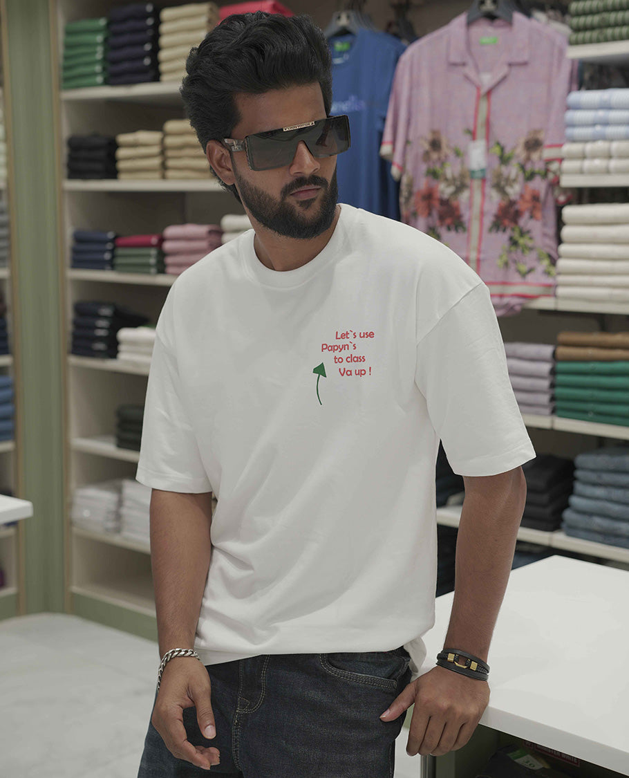 White Cotton-Blended Oversized T-Shirt, Elevated with Multi-Color Funky Motifs Front and Back Print, Comes with a Crew-Neck, Half-Sleeves, and Long Length