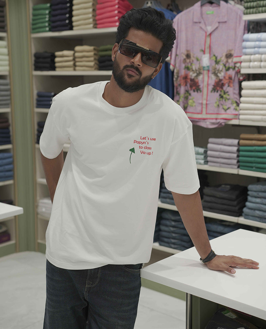 White Cotton-Blended Oversized T-Shirt, Elevated with Multi-Color Funky Motifs Front and Back Print, Comes with a Crew-Neck, Half-Sleeves, and Long Length