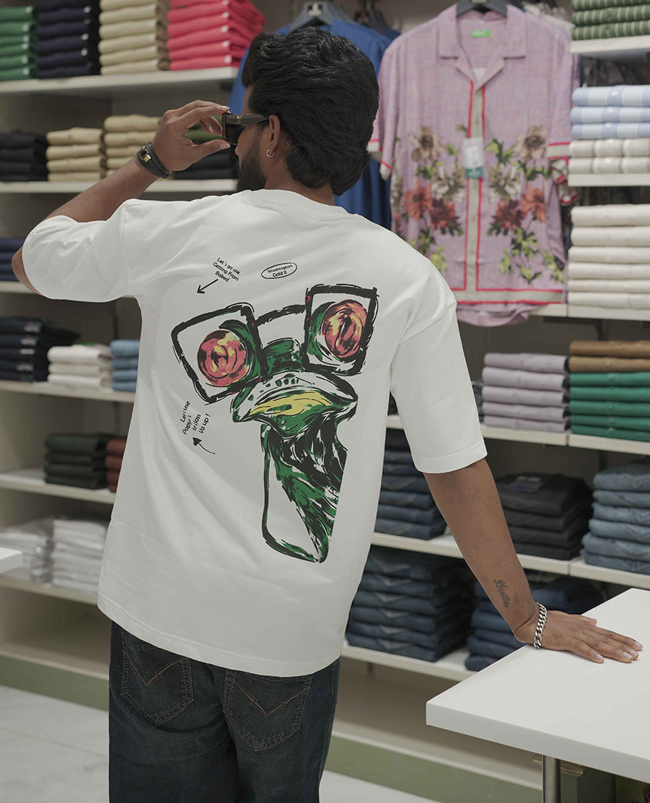 White Cotton-Blended Oversized T-Shirt, Elevated with Multi-Color Funky Motifs Front and Back Print, Comes with a Crew-Neck, Half-Sleeves, and Long Length