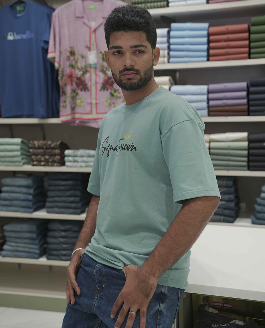 Blue Cotton-Blended Oversized T-Shirt, Elevated with Multi-Color Funky Motifs Front and Back Print, Comes with a Crew-Neck, Half-Sleeves, and Long Length