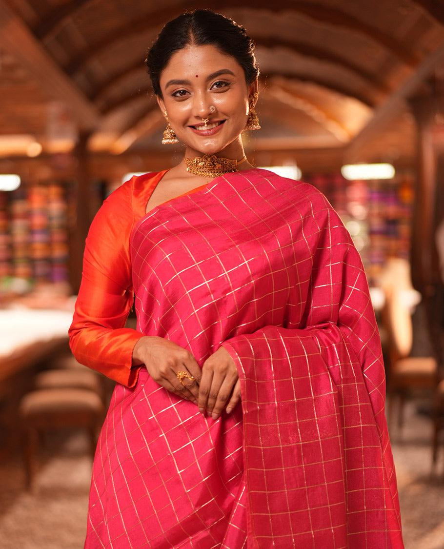 Borderless Pink Chanderi Cotton Saree, Grand Intricately Designed Pallu, and a Matching Blouse