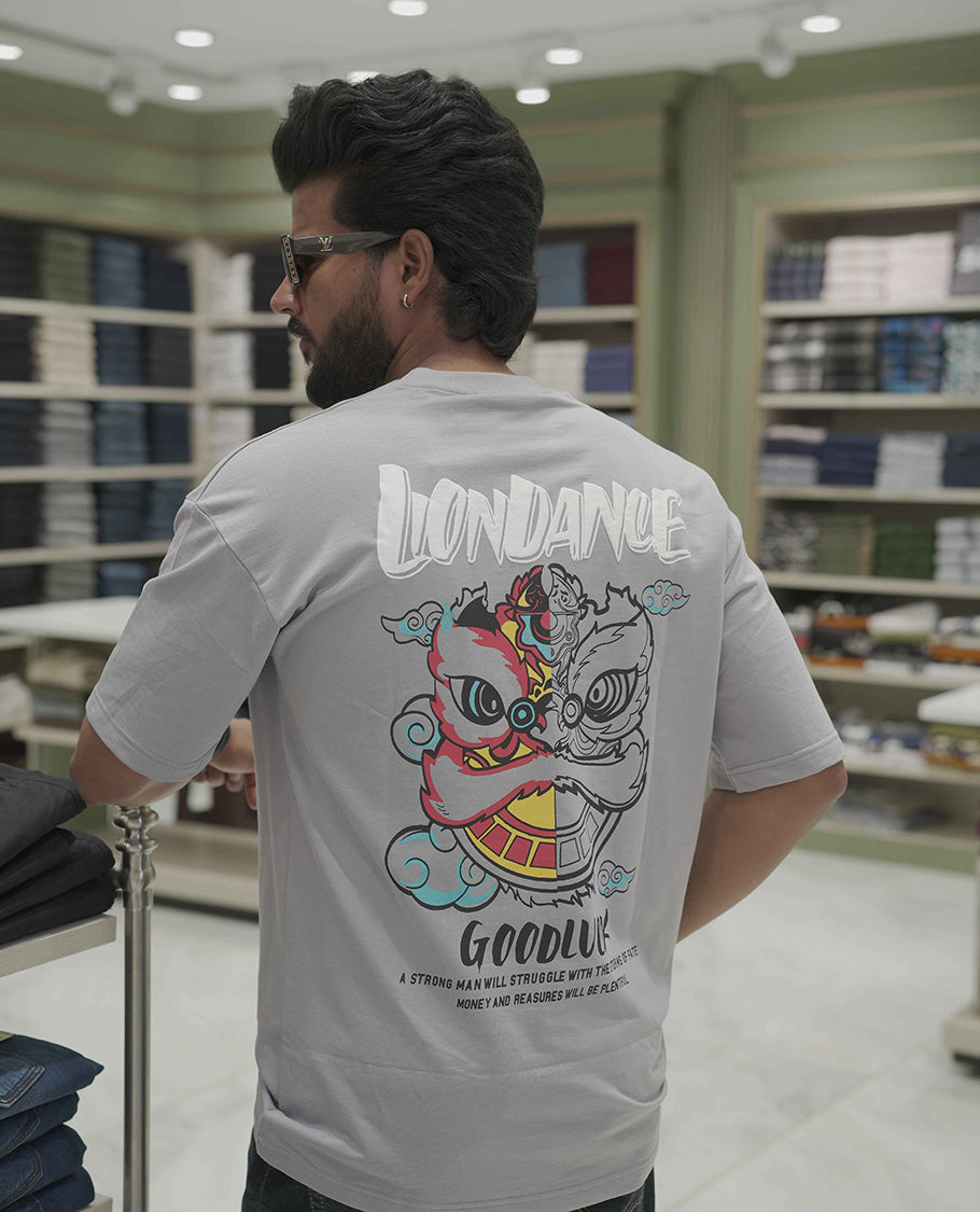 Grey Cotton-Blended Oversized T-Shirt, Elevated with Multi-Color Funky Motifs Front and Back Print, Comes with a Crew-Neck, Half-Sleeves, and Long Length