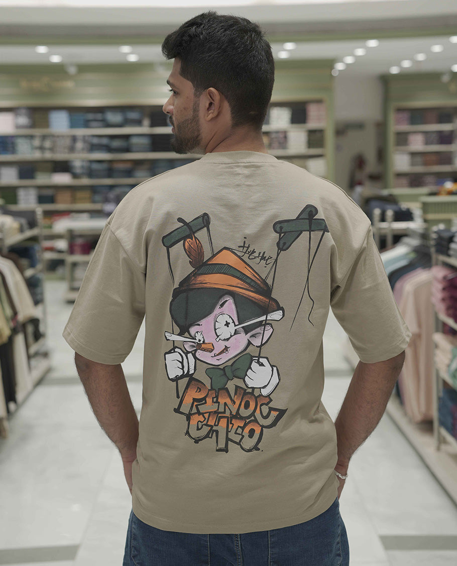 Cream Cotton-Blended Oversized T-Shirt, Elevated with Multi-Color Funky Motifs Front and Back Print, Comes with a Crew-Neck, Half-Sleeves, and Long Length