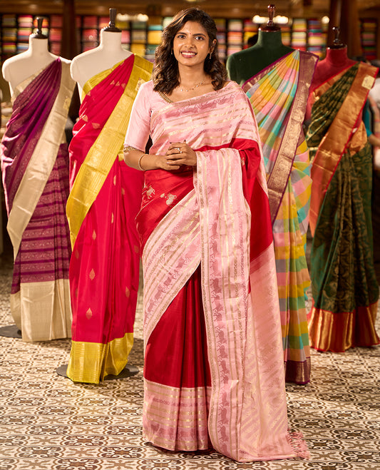 Red pichwai buttas kancheepuram silk saree with contrast korvai intricate zari design border & floral, pichwai zari design pallu