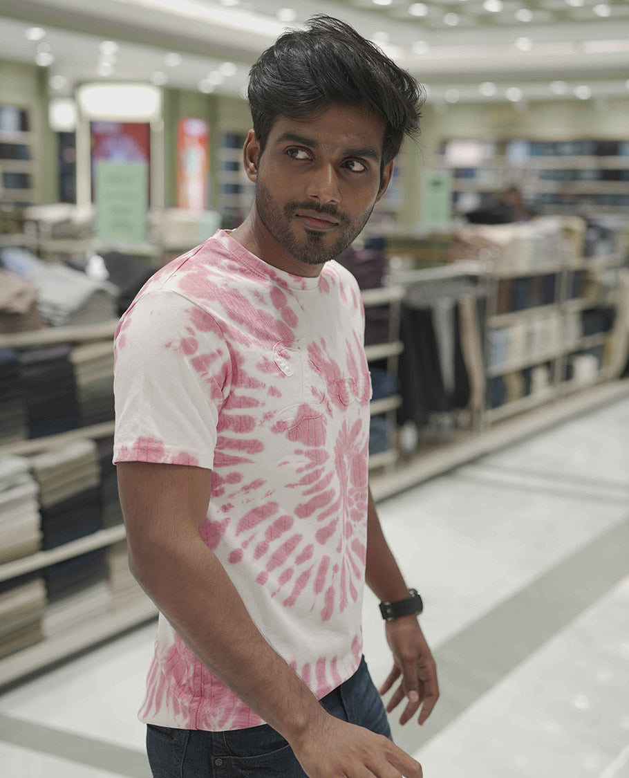 Pink Cotton-Blended T-Shirt, Subtly Designed with Tie-Dye Style Shibori Print, Comes with a Crew-Neck, Half-Sleeves, Slim Fit, and Regular Length